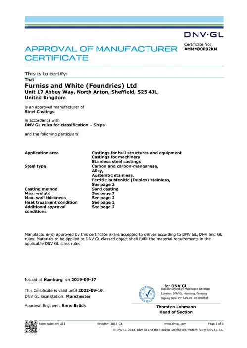 DNV-GL Certificate for Steel Castings